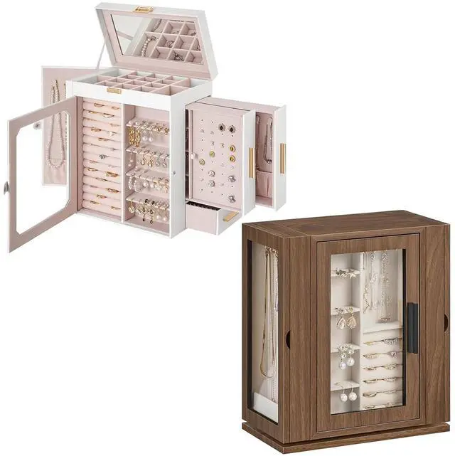 Main image of Jewelry Box with Mirror, Travel Jewelry Organizer with Glass Window and 360° Rotating Jewelry Box, Wooden Jewelry Organizer Bundle, WT03JB04G2-BH30JB04