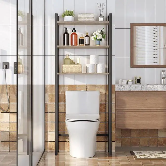 Alt view image 2 of 7 - Over The Toilet Storage, 3-Tier Bathroom Organizer Shelf Over Toilet, Freestanding Bathroom Storage Shelves, Space Saver, Easy to Assemble for Room, Greige and Black BG41TS01