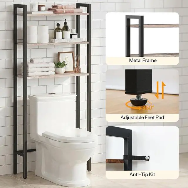 Alt view image 6 of 7 - Over The Toilet Storage, 3-Tier Bathroom Organizer Shelf Over Toilet, Freestanding Bathroom Storage Shelves, Space Saver, Easy to Assemble for Room, Greige and Black BG41TS01