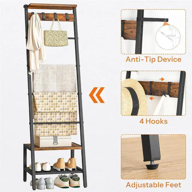 Alt view image 6 of 7 - Blanket Ladder, 7-Tier Giraffe Shape Towel Rack for Living Room and Bedroom, 63.4" H Decorative Ladder Shelf with Hooks, Metal Frame, Industrial Style, Rustic Brown and Black BF13CJ01