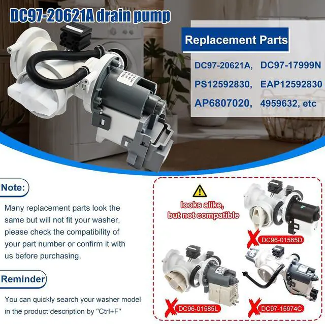 Alt view image 2 of 7 - DC97-20621A, DC97-20621C, DC97-17999N Drain Pump Assembly(OEM) Compatible with samsung washer(some models), Replace Number: DC31-00187A, PX3516-01, AP6807020, 4959632, PS12592830, EAP12592830 etc