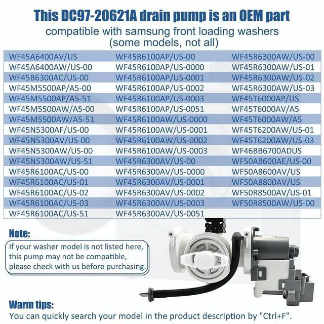 Alt view image 3 of 7 - DC97-20621A, DC97-20621C, DC97-17999N Drain Pump Assembly(OEM) Compatible with samsung washer(some models), Replace Number: DC31-00187A, PX3516-01, AP6807020, 4959632, PS12592830, EAP12592830 etc