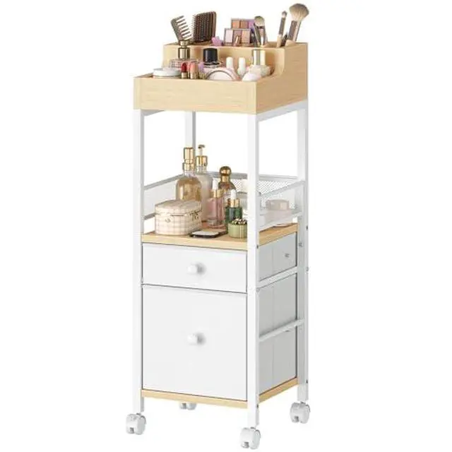 Alt view image 6 of 7 - Jewelry Box for Women, Floor Makeup Storage with Fabric Drawers, Mobile Vanity Organizer, 4-Layer Jewelry Organizer Box, for Skincare, Brush, Hair Tool, Perfume BH09JB04-WN19TC04