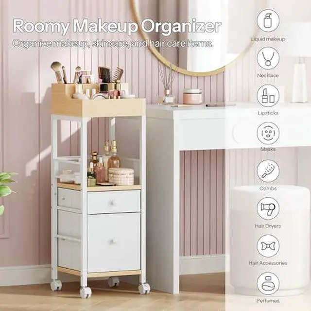 Alt view image 7 of 7 - Jewelry Box for Women, Floor Makeup Storage with Fabric Drawers, Mobile Vanity Organizer, 4-Layer Jewelry Organizer Box, for Skincare, Brush, Hair Tool, Perfume BH09JB04-WN19TC04