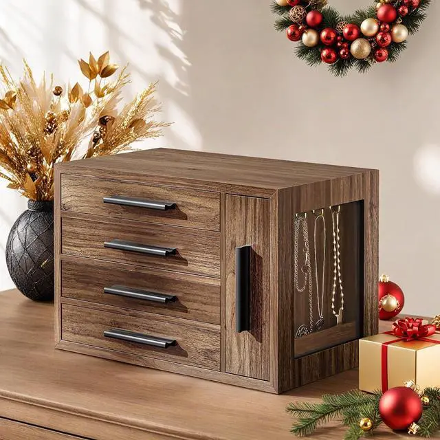 Alt view image 3 of 7 - Jewelry Box for Women, Wooden Jewelry Organizer with Transparent Window, 4-Layer Jewelry Organizer Box, Jewelry Holder Organizer for Earrings, Necklaces, Rings, Walnut and Black BH09JB04