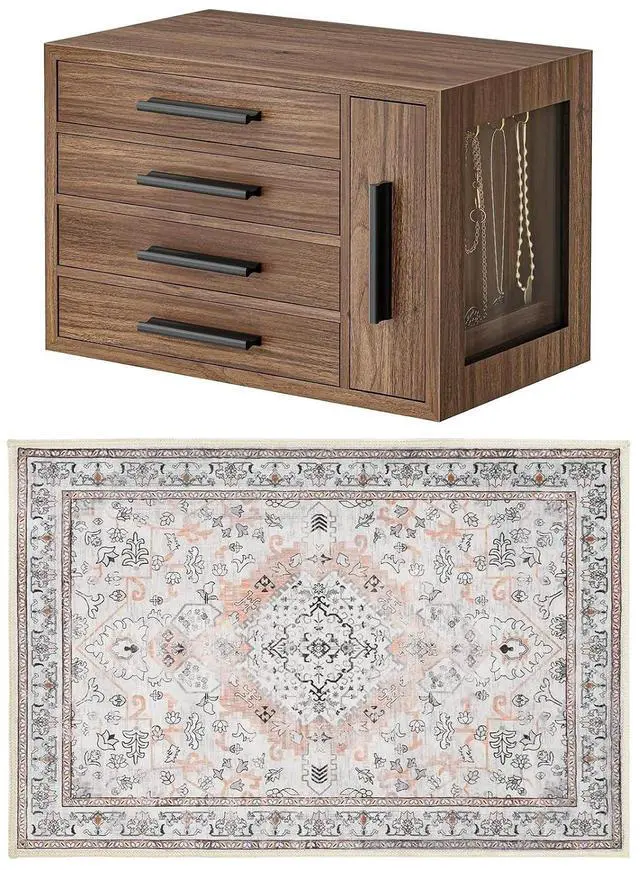 Main image of Jewelry Box, Wooden Jewelry Organizer and 2 x 3 ft Area Rugs Washable Bundle, for Living Room Bedroom Kitchen, BH09JB04-EF01AR01