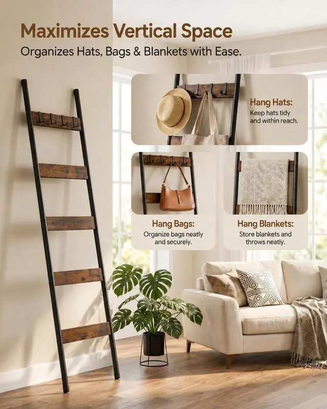 Alt view image 4 of 7 - Blanket Ladder, 5-Tier Towel Rack with Hooks, Wall-Leaning Blanket Rack, Decorative Display Ladder Shelf, for Scarves, Industrial, Living Room, Bedroom, Rustic Brown and Black BF52CJ01