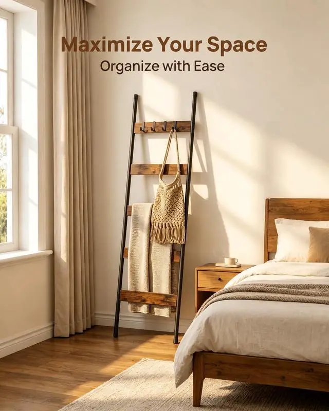 Alt view image 5 of 7 - Blanket Ladder, 5-Tier Towel Rack with Hooks, Wall-Leaning Blanket Rack, Decorative Display Ladder Shelf, for Scarves, Industrial, Living Room, Bedroom, Rustic Brown and Black BF52CJ01