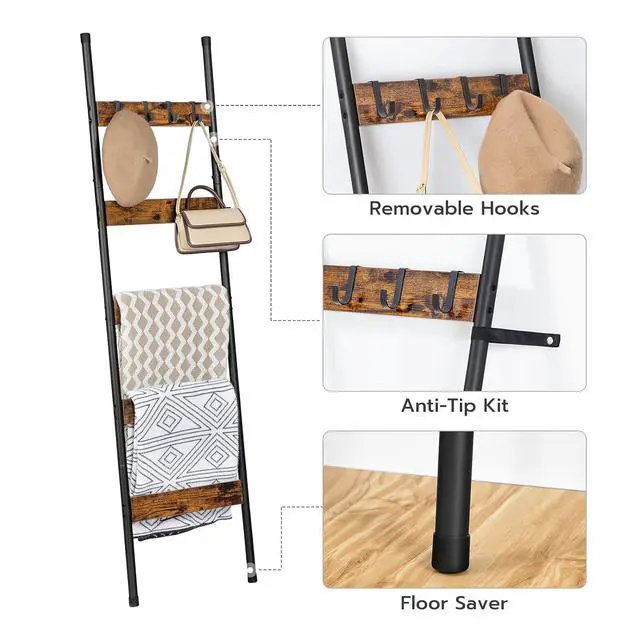 Alt view image 6 of 7 - Blanket Ladder, 5-Tier Towel Rack with Hooks, Wall-Leaning Blanket Rack, Decorative Display Ladder Shelf, for Scarves, Industrial, Living Room, Bedroom, Rustic Brown and Black BF52CJ01