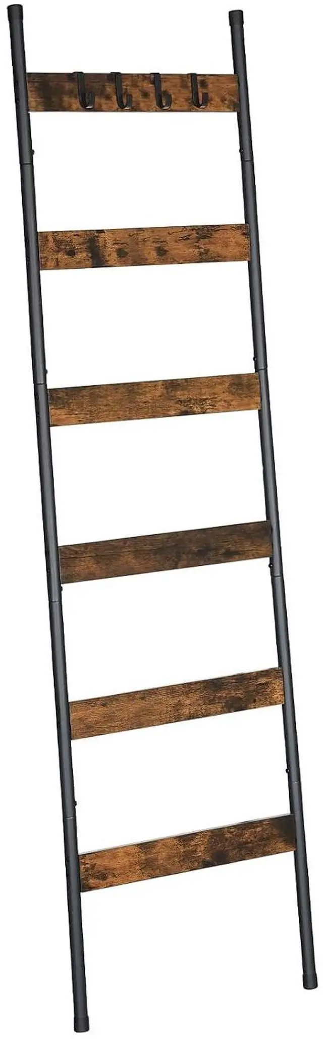 Main image of Blanket Ladder, 6-Tier Towel Rack with Hooks, Wall-Leaning Blanket Rack, Decorative Display Ladder Shelf, Scarves, Industrial, Living Room, Bedroom, Rustic Brown and Black BF66CJ01