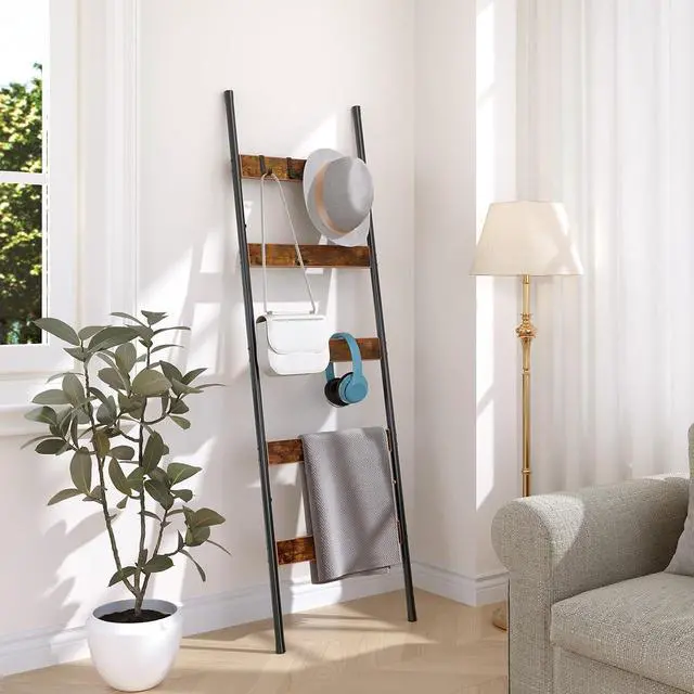Alt view image 7 of 7 - Blanket Ladder, 5-Tier Towel Rack with Hooks, Wall-Leaning Blanket Rack, Decorative Display Ladder Shelf, for Scarves, Industrial, Living Room, Bedroom, Rustic Brown and Black BF52CJ01