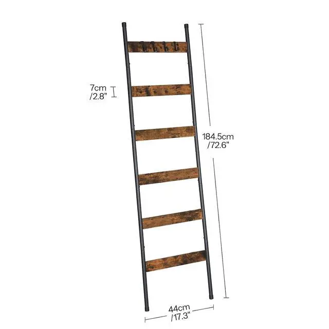 Alt view image 2 of 7 - Blanket Ladder, 6-Tier Towel Rack with Hooks, Wall-Leaning Blanket Rack, Decorative Display Ladder Shelf, Scarves, Industrial, Living Room, Bedroom, Rustic Brown and Black BF66CJ01