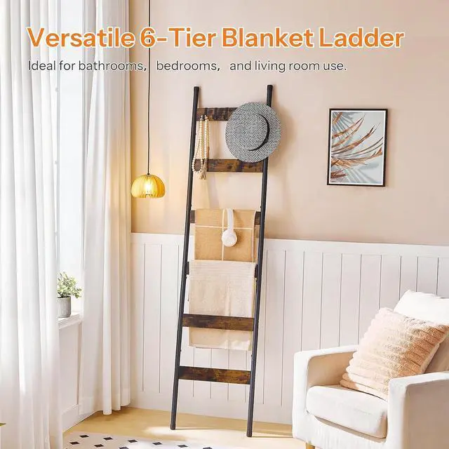 Alt view image 3 of 7 - Blanket Ladder, 6-Tier Towel Rack with Hooks, Wall-Leaning Blanket Rack, Decorative Display Ladder Shelf, Scarves, Industrial, Living Room, Bedroom, Rustic Brown and Black BF66CJ01