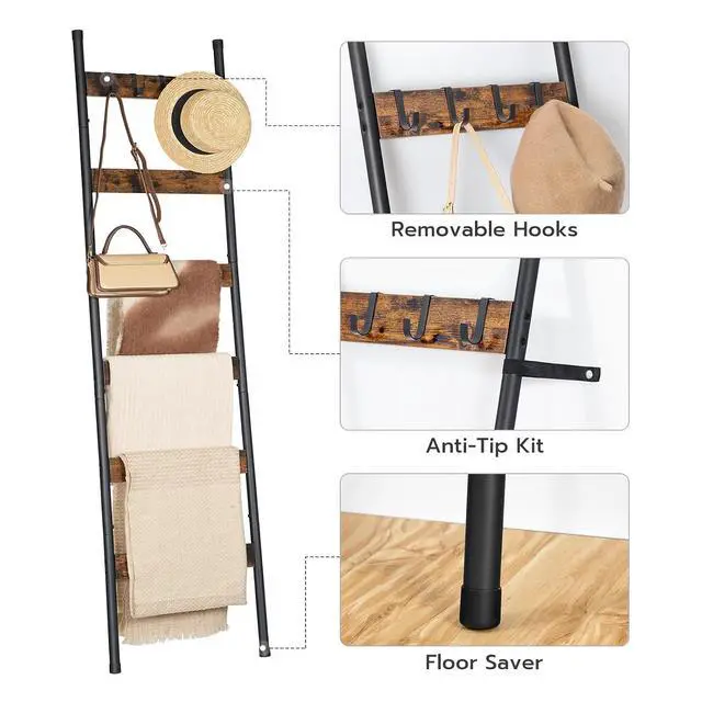Alt view image 6 of 7 - Blanket Ladder, 6-Tier Towel Rack with Hooks, Wall-Leaning Blanket Rack, Decorative Display Ladder Shelf, Scarves, Industrial, Living Room, Bedroom, Rustic Brown and Black BF66CJ01