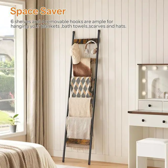 Alt view image 5 of 7 - Blanket Ladder, 6-Tier Towel Rack with Hooks, Wall-Leaning Blanket Rack, Decorative Display Ladder Shelf, Scarves, Industrial, Living Room, Bedroom, Rustic Brown and Black BF66CJ01