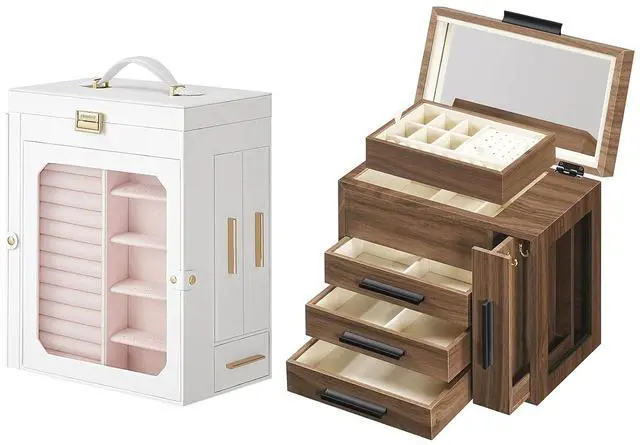 Main image of Jewelry Box with Mirror and Wooden Jewelry Box for Women Girls Bundles, Jewelry Organizer with Transparent Window, Vertical Storage, for Earrings, Necklaces, Rings WT03JB04G2-BH22JB04