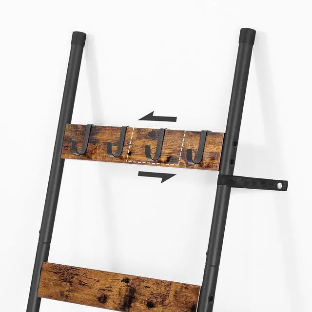 Alt view image 7 of 7 - Blanket Ladder, 6-Tier Towel Rack with Hooks, Wall-Leaning Blanket Rack, Decorative Display Ladder Shelf, Scarves, Industrial, Living Room, Bedroom, Rustic Brown and Black BF66CJ01