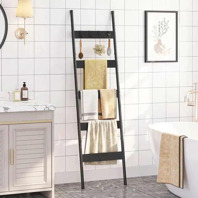 Alt view image 2 of 7 - Blanket Ladder, 5-Tier Towel Rack with Hooks, Wall-Leaning Blanket Rack, Decorative Display Ladder Shelf, Scarves, Industrial, Living Room, Bedroom, Black BB52CJ01