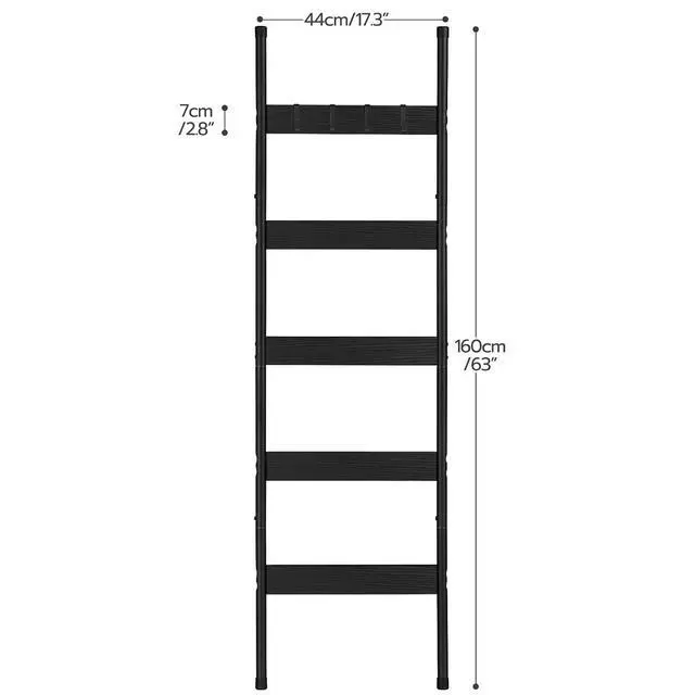 Alt view image 3 of 7 - Blanket Ladder, 5-Tier Towel Rack with Hooks, Wall-Leaning Blanket Rack, Decorative Display Ladder Shelf, Scarves, Industrial, Living Room, Bedroom, Black BB52CJ01
