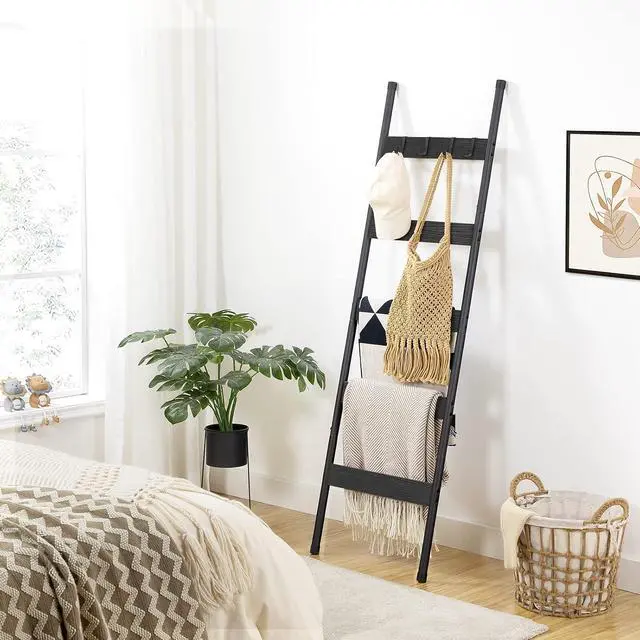 Alt view image 4 of 7 - Blanket Ladder, 5-Tier Towel Rack with Hooks, Wall-Leaning Blanket Rack, Decorative Display Ladder Shelf, Scarves, Industrial, Living Room, Bedroom, Black BB52CJ01
