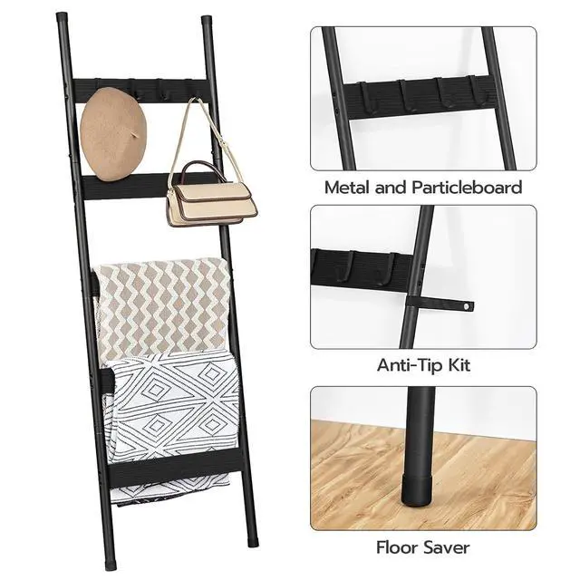 Alt view image 5 of 7 - Blanket Ladder, 5-Tier Towel Rack with Hooks, Wall-Leaning Blanket Rack, Decorative Display Ladder Shelf, Scarves, Industrial, Living Room, Bedroom, Black BB52CJ01