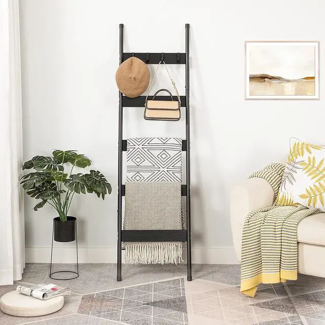 Alt view image 6 of 7 - Blanket Ladder, 5-Tier Towel Rack with Hooks, Wall-Leaning Blanket Rack, Decorative Display Ladder Shelf, Scarves, Industrial, Living Room, Bedroom, Black BB52CJ01