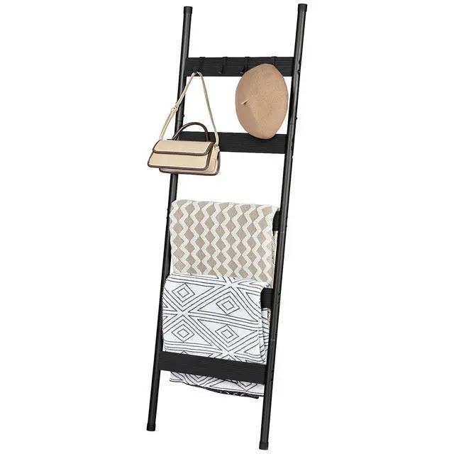 Alt view image 7 of 7 - Blanket Ladder, 5-Tier Towel Rack with Hooks, Wall-Leaning Blanket Rack, Decorative Display Ladder Shelf, Scarves, Industrial, Living Room, Bedroom, Black BB52CJ01