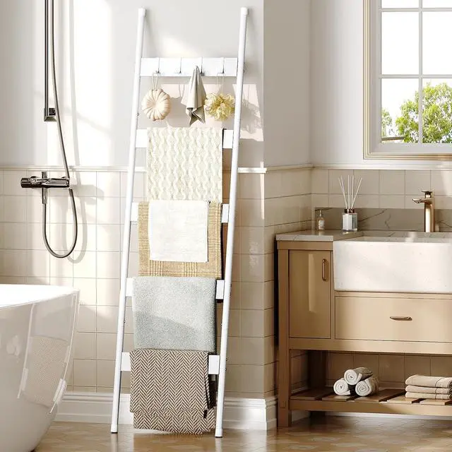 Alt view image 2 of 7 - Blanket Ladder, 5-Tier Towel Rack with Hooks, Wall-Leaning Blanket Rack, Decorative Display Ladder Shelf, for Scarves, Industrial, Living Room, Bedroom, White WW52CJ01