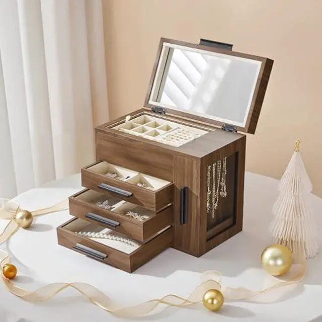 Alt view image 6 of 7 - Jewelry Box with Mirror and Wooden Jewelry Box for Women Girls Bundles, Jewelry Organizer with Transparent Window, Vertical Storage, for Earrings, Necklaces, Rings WT03JB04G2-BH22JB04