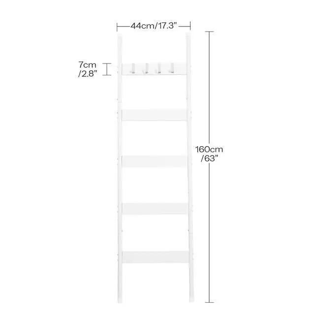Alt view image 3 of 7 - Blanket Ladder, 5-Tier Towel Rack with Hooks, Wall-Leaning Blanket Rack, Decorative Display Ladder Shelf, for Scarves, Industrial, Living Room, Bedroom, White WW52CJ01