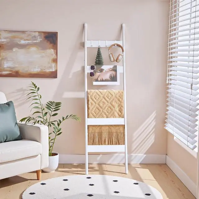 Alt view image 4 of 7 - Blanket Ladder, 5-Tier Towel Rack with Hooks, Wall-Leaning Blanket Rack, Decorative Display Ladder Shelf, for Scarves, Industrial, Living Room, Bedroom, White WW52CJ01