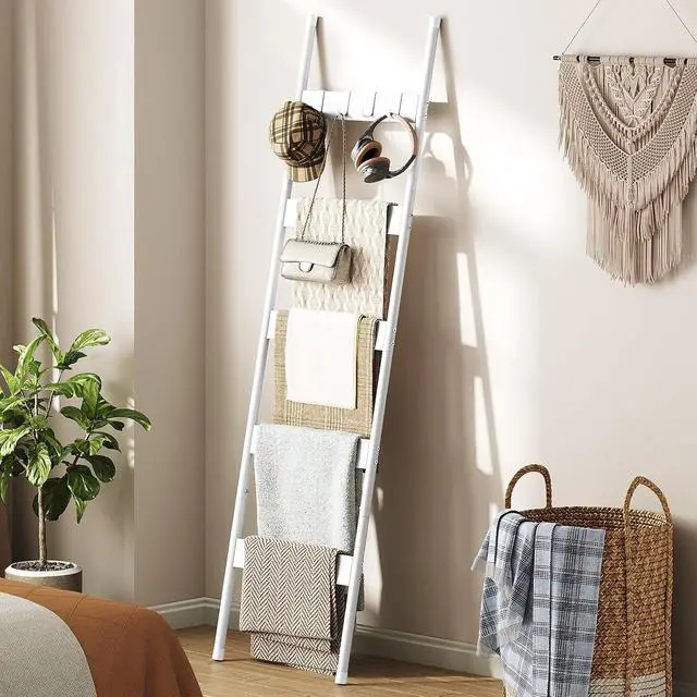 Alt view image 5 of 7 - Blanket Ladder, 5-Tier Towel Rack with Hooks, Wall-Leaning Blanket Rack, Decorative Display Ladder Shelf, for Scarves, Industrial, Living Room, Bedroom, White WW52CJ01