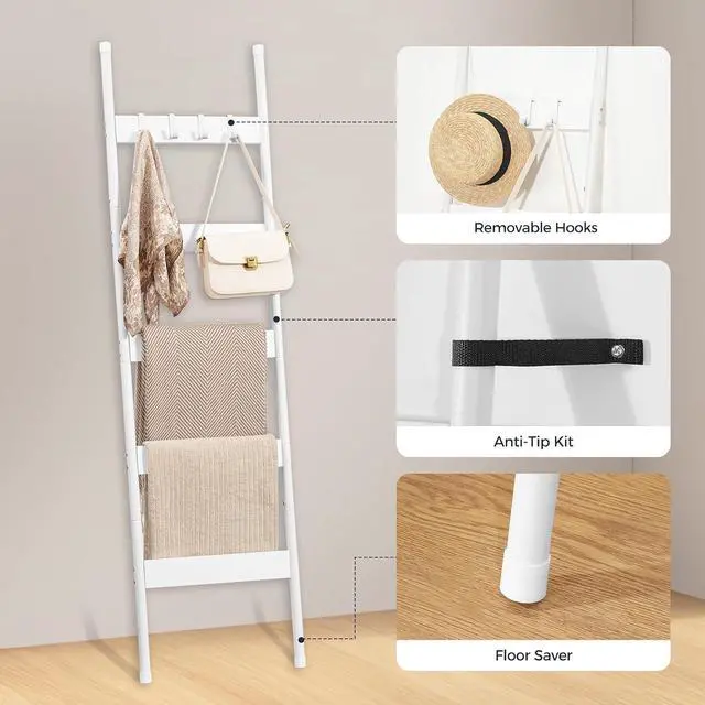 Alt view image 6 of 7 - Blanket Ladder, 5-Tier Towel Rack with Hooks, Wall-Leaning Blanket Rack, Decorative Display Ladder Shelf, for Scarves, Industrial, Living Room, Bedroom, White WW52CJ01
