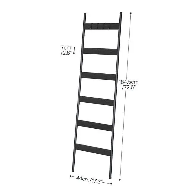Alt view image 2 of 7 - Blanket Ladder, 6-Tier Towel Rack with Hooks, Wall-Leaning Blanket Rack, Decorative Display Ladder Shelf, Scarves, Industrial, Living Room, Bedroom, Black BB66CJ01