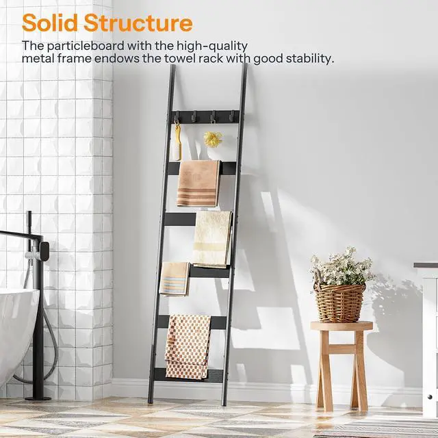 Alt view image 3 of 7 - Blanket Ladder, 6-Tier Towel Rack with Hooks, Wall-Leaning Blanket Rack, Decorative Display Ladder Shelf, Scarves, Industrial, Living Room, Bedroom, Black BB66CJ01