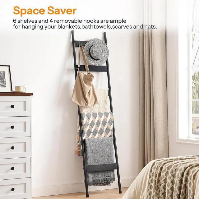 Alt view image 4 of 7 - Blanket Ladder, 6-Tier Towel Rack with Hooks, Wall-Leaning Blanket Rack, Decorative Display Ladder Shelf, Scarves, Industrial, Living Room, Bedroom, Black BB66CJ01