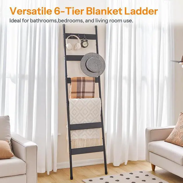 Alt view image 5 of 7 - Blanket Ladder, 6-Tier Towel Rack with Hooks, Wall-Leaning Blanket Rack, Decorative Display Ladder Shelf, Scarves, Industrial, Living Room, Bedroom, Black BB66CJ01