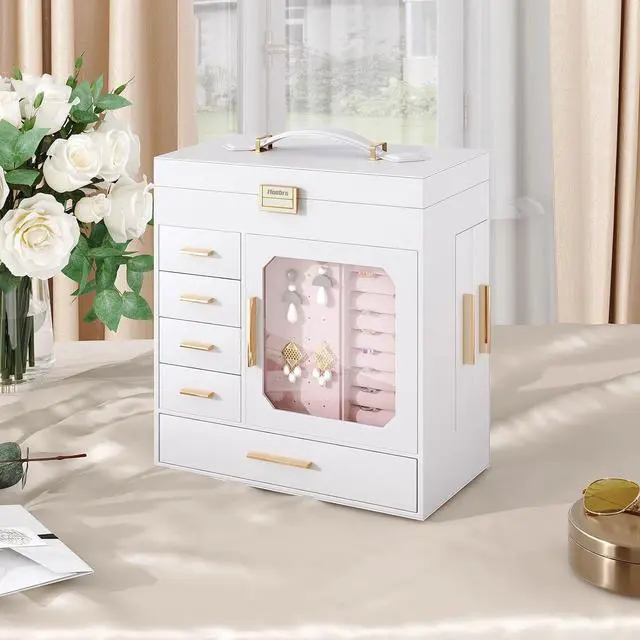 Alt view image 3 of 7 - Jewelry Box with Mirror, Jewelry Organizer Box with Capacious Storage Space, Vertical Storage, Glass Cover, Modern Style, White and Light Gold WT06JB04G1