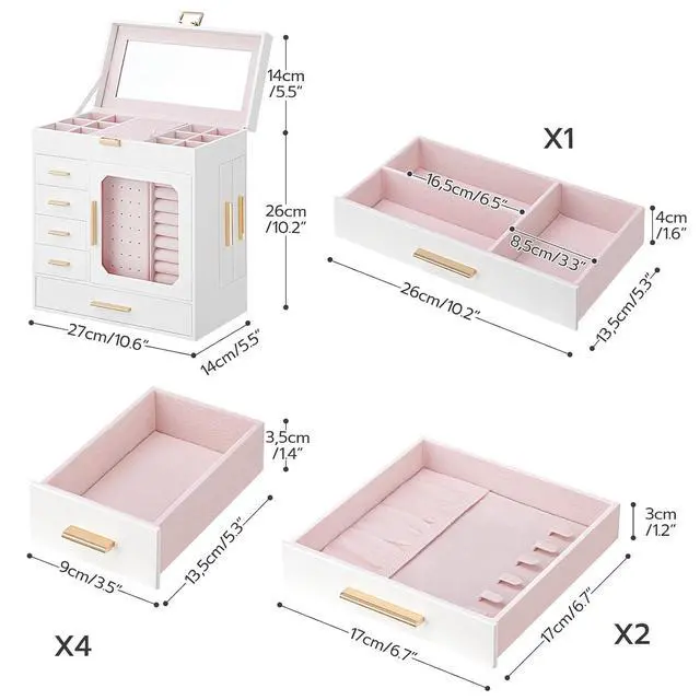 Alt view image 3 of 7 - Jewelry Box with Mirror and Mobile Makeup Storage with Swivel Casters and Leveling Feet Bundles, Vertical Storage, Cosmetics Display Holder, Glass Cover, Modern Style WT06JB04G1-WN20TC04
