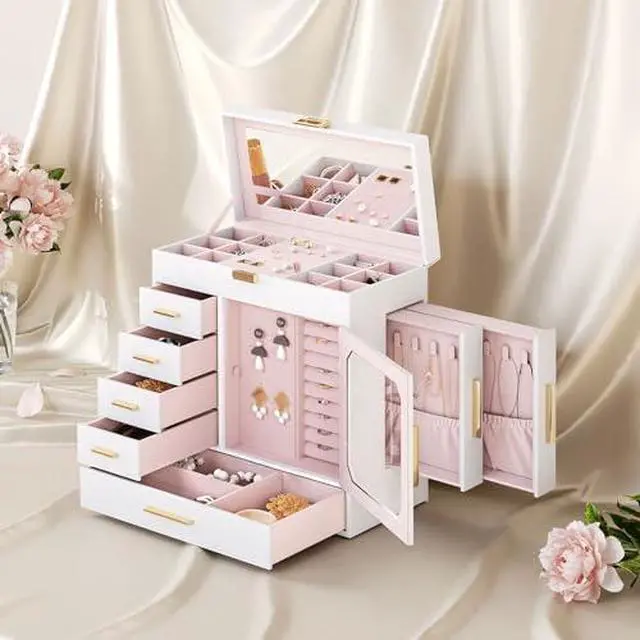 Alt view image 2 of 7 - Jewelry Box with Mirror and 23 inch Wide Nightstand with Charging Station and LED Light Bundle, Easy Assembly WT06JB04G1-WT160UDBZ01