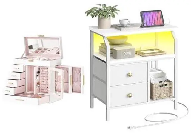 Main image of Jewelry Box with Mirror and 23 inch Wide Nightstand with Charging Station and LED Light Bundle, Easy Assembly WT06JB04G1-WT160UDBZ01