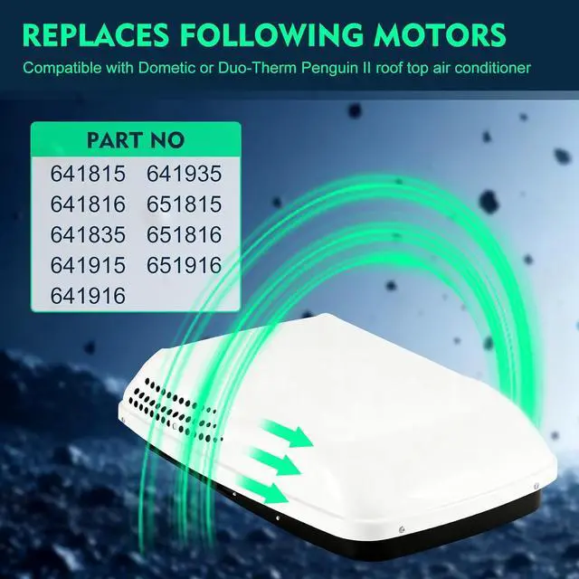 Alt view image 3 of 7 - F48AE48A61 Fan Motor Replaces for genteq, 3314471.011, 3314471.013, Compatible with RV AC Dometic Duo-Therm Penguin II 641815, 641816, 641835, 641915, 641916, 641935, 1/4 hp, 1650 rpm, 1-Year Warranty