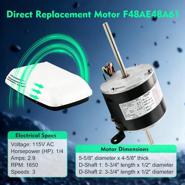Alt view image 4 of 7 - F48AE48A61 Fan Motor Replaces for genteq, 3314471.011, 3314471.013, Compatible with RV AC Dometic Duo-Therm Penguin II 641815, 641816, 641835, 641915, 641916, 641935, 1/4 hp, 1650 rpm, 1-Year Warranty