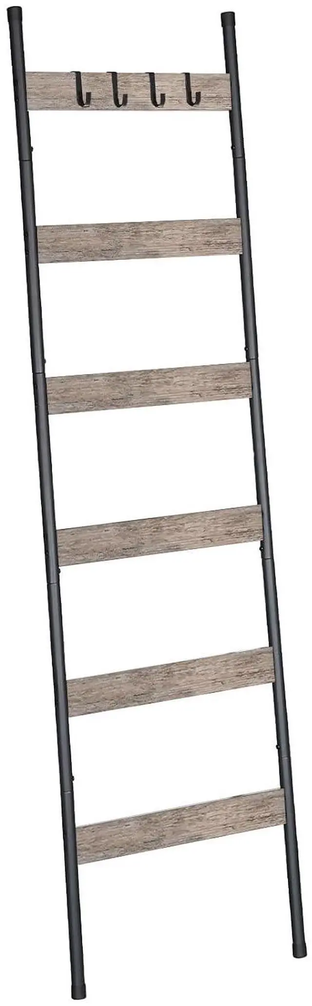 Main image of Blanket Ladder, 6-Tier Towel Rack with Hooks, Wall-Leaning Blanket Rack, Decorative Display Ladder Shelf, Scarves, Industrial, Living Room, Bedroom, Black and Greige BG66CJ01