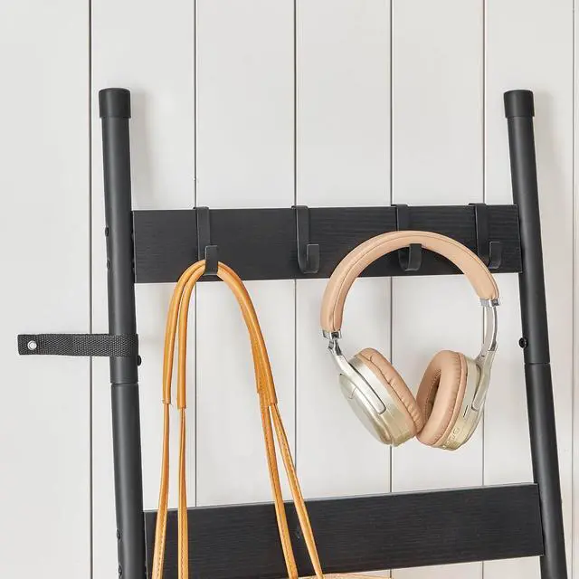 Alt view image 7 of 7 - Blanket Ladder, 6-Tier Towel Rack with Hooks, Wall-Leaning Blanket Rack, Decorative Display Ladder Shelf, Scarves, Industrial, Living Room, Bedroom, Black BB66CJ01