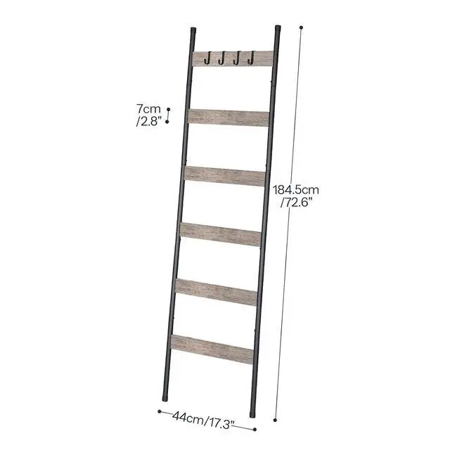 Alt view image 2 of 7 - Blanket Ladder, 6-Tier Towel Rack with Hooks, Wall-Leaning Blanket Rack, Decorative Display Ladder Shelf, Scarves, Industrial, Living Room, Bedroom, Black and Greige BG66CJ01