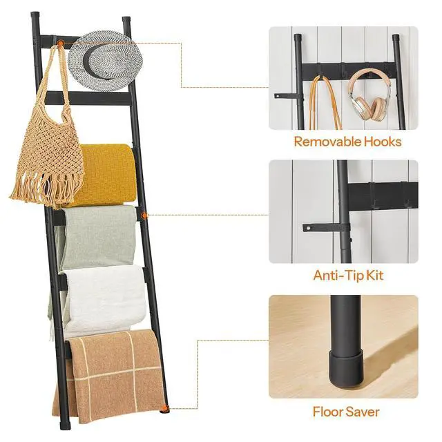 Alt view image 6 of 7 - Blanket Ladder, 6-Tier Towel Rack with Hooks, Wall-Leaning Blanket Rack, Decorative Display Ladder Shelf, Scarves, Industrial, Living Room, Bedroom, Black BB66CJ01
