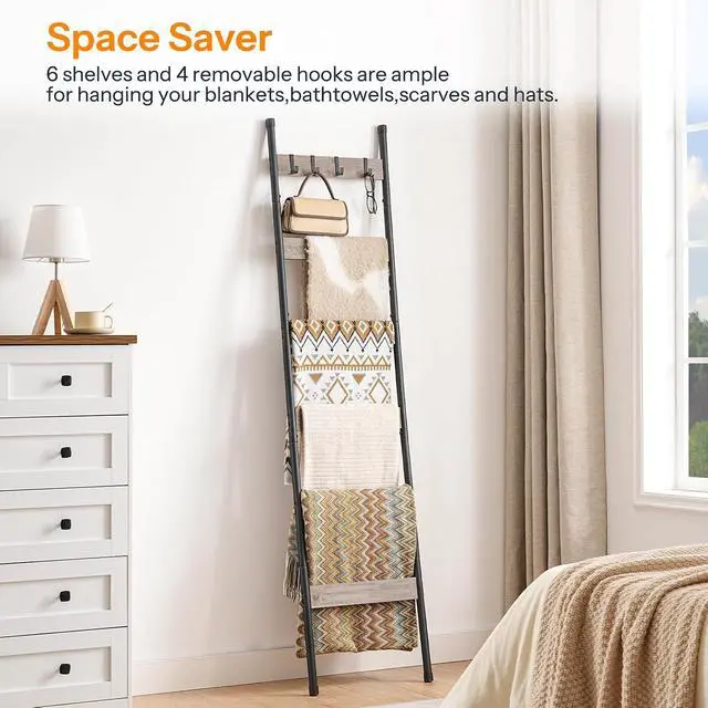 Alt view image 3 of 7 - Blanket Ladder, 6-Tier Towel Rack with Hooks, Wall-Leaning Blanket Rack, Decorative Display Ladder Shelf, Scarves, Industrial, Living Room, Bedroom, Black and Greige BG66CJ01