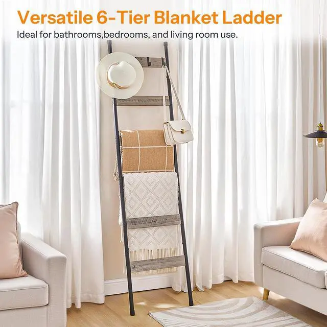 Alt view image 4 of 7 - Blanket Ladder, 6-Tier Towel Rack with Hooks, Wall-Leaning Blanket Rack, Decorative Display Ladder Shelf, Scarves, Industrial, Living Room, Bedroom, Black and Greige BG66CJ01
