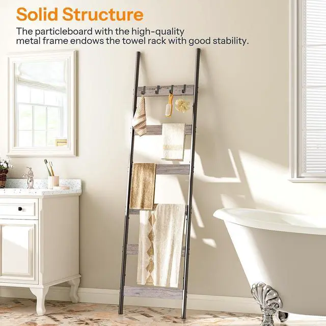 Alt view image 5 of 7 - Blanket Ladder, 6-Tier Towel Rack with Hooks, Wall-Leaning Blanket Rack, Decorative Display Ladder Shelf, Scarves, Industrial, Living Room, Bedroom, Black and Greige BG66CJ01
